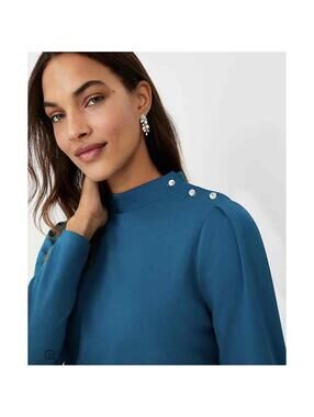 ANN TAYLOR NWOT Crystal Shoulder Button Mock Neck Top in Teal -Size Medium